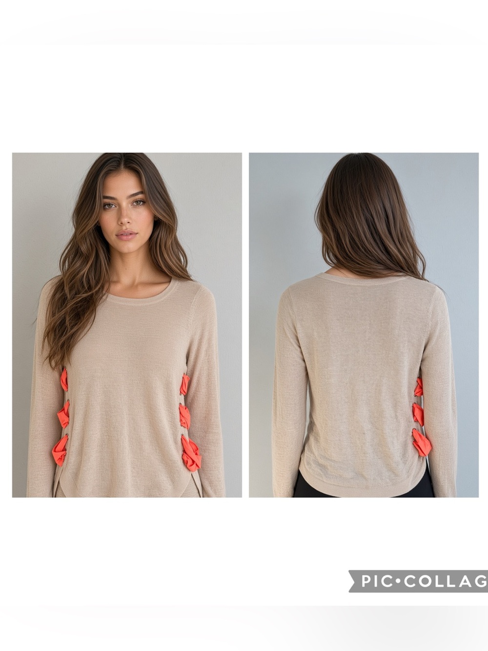 LISA TODD Women’s Beige Linen EXPLORER Sweater Neon Orange Lace Up Sides Size XS